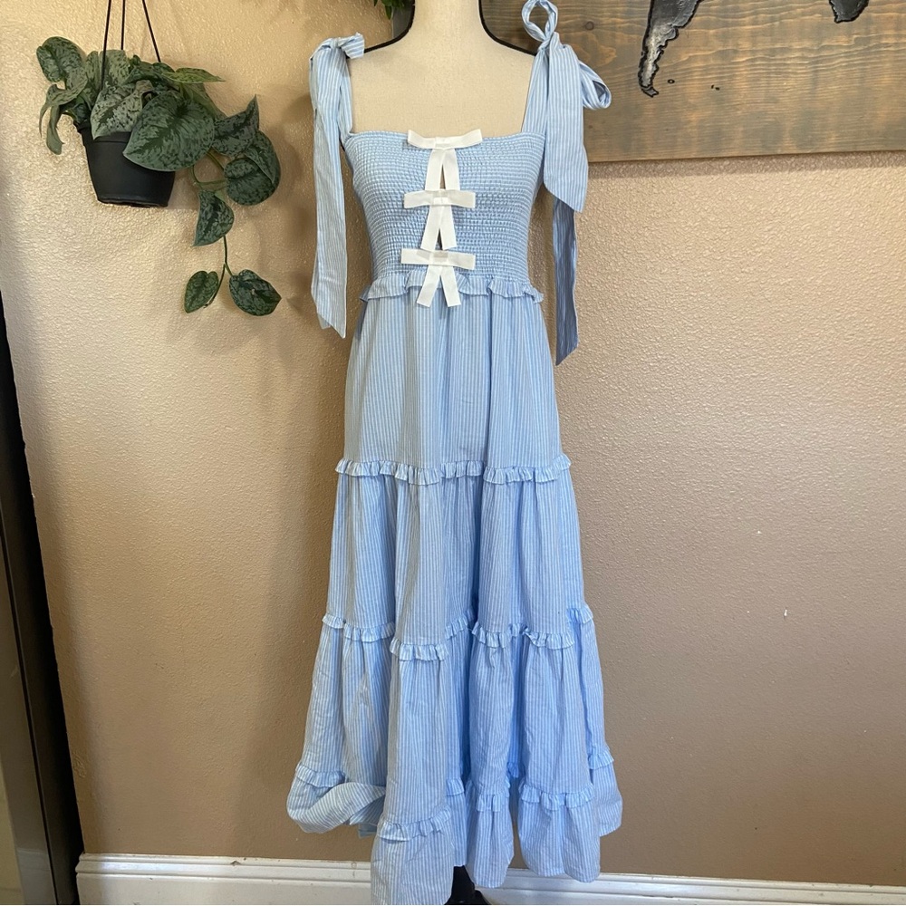 NWOT Sister Jane Kansas Blue Striped Tiered Smocked Tie-Strap Bow Midi Dress - Picture 3 of 10